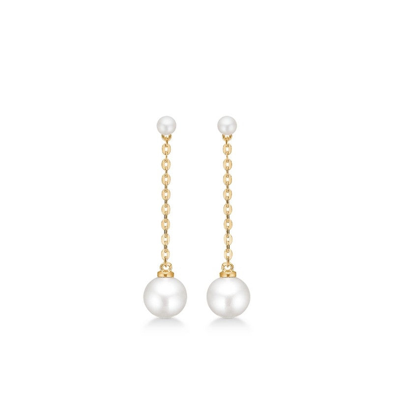 Moon øreringe fra Mads Z i 8 kt guld med kæde og perler, White Label kollektion.